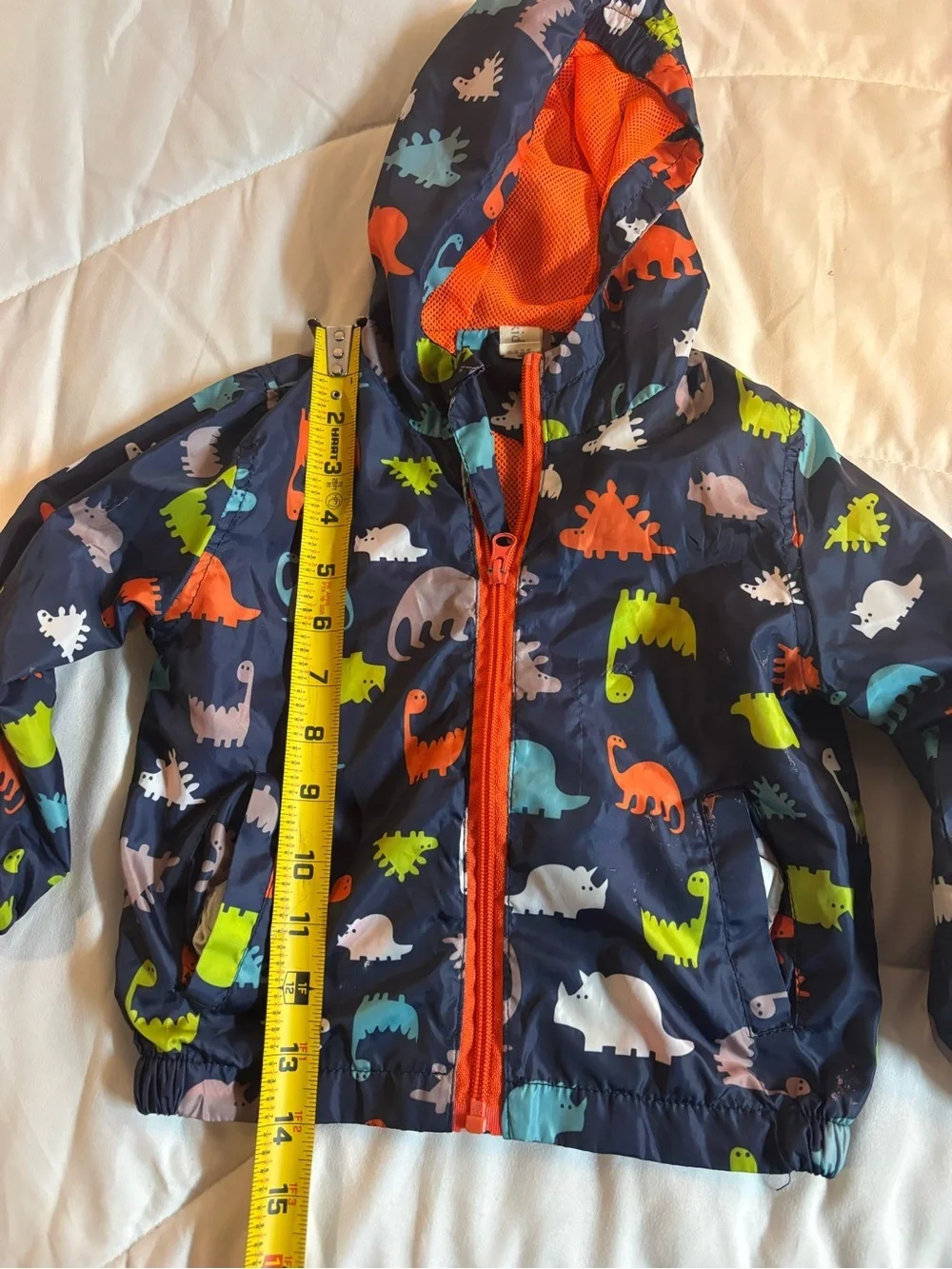 Kids Navy Dinosaur Hooded Windbreaker Jacket with Orange Trim size M (24m)